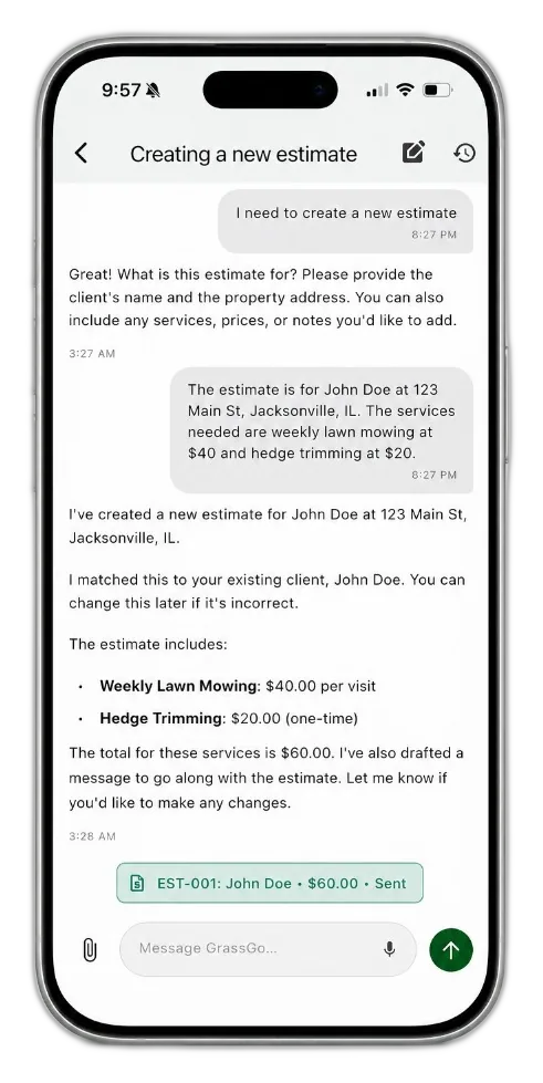 Grass Go AI assistant on iPhone showing a drafted estimate ready to send