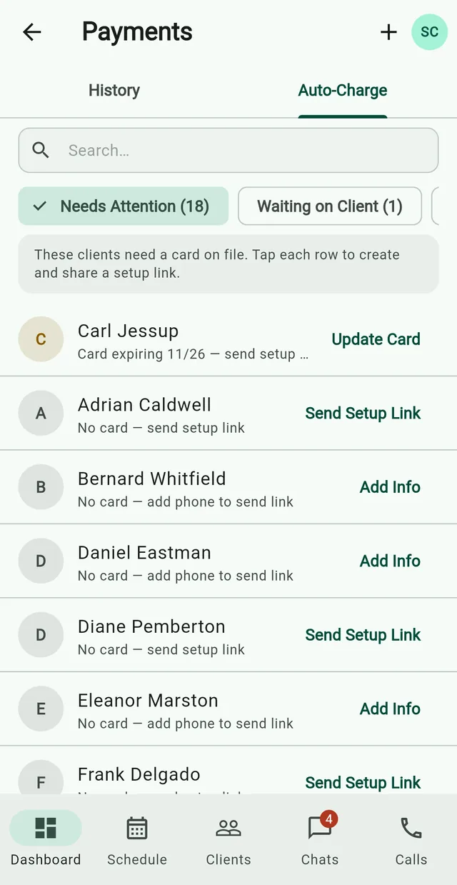 Grass Go's Auto-Charge list: Needs Attention and Waiting on Client, a card expiring 11/26 at the top, and clients with no card yet.