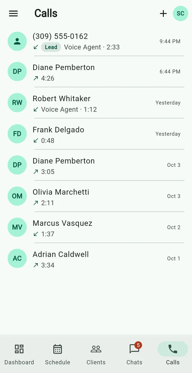 The Calls list: a call the AI receptionist answered, above one the owner took.