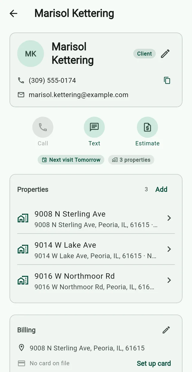 A client in Grass Go with call, text and estimate buttons, her next visit tomorrow and three properties.