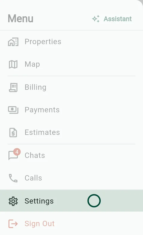 The menu open in the Grass Go app, Settings marked.