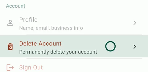 Settings, Account section: Delete Account marked.