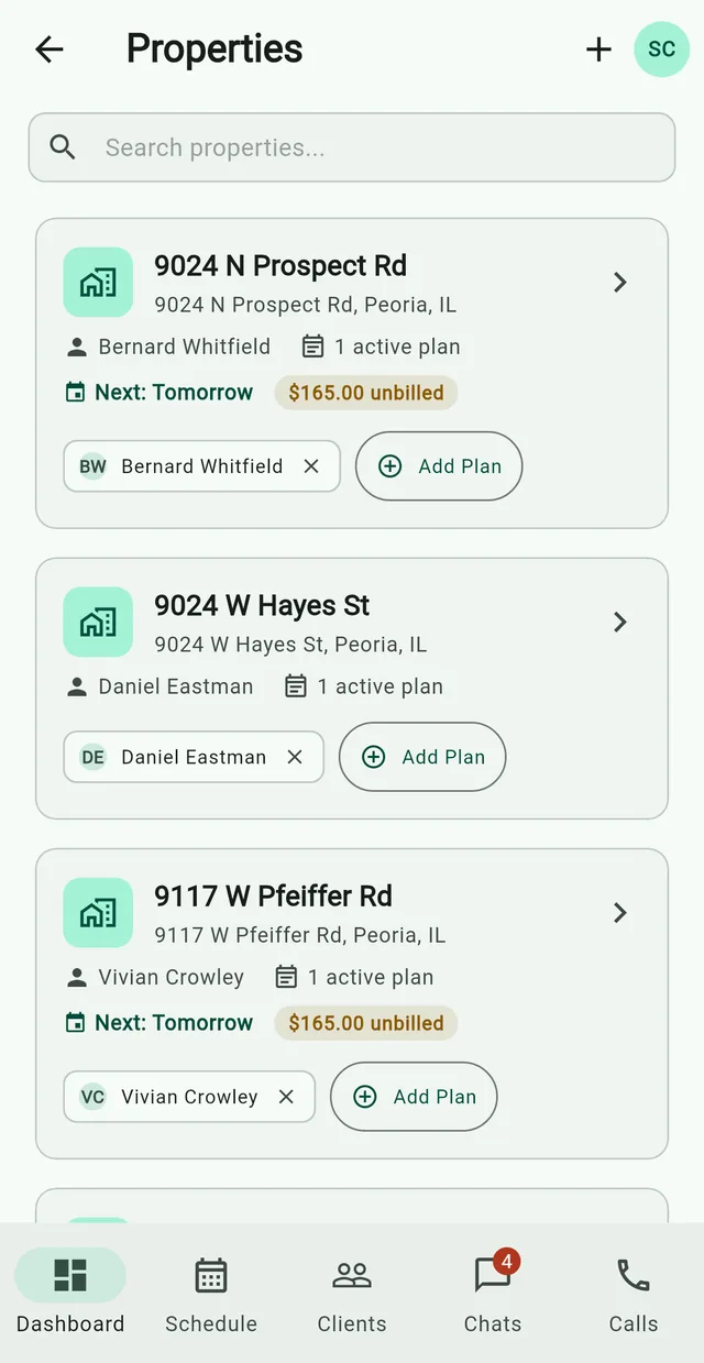 A property card in Grass Go: 9024 N Prospect Rd, 1 active plan, next visit tomorrow, $165.00 unbilled.