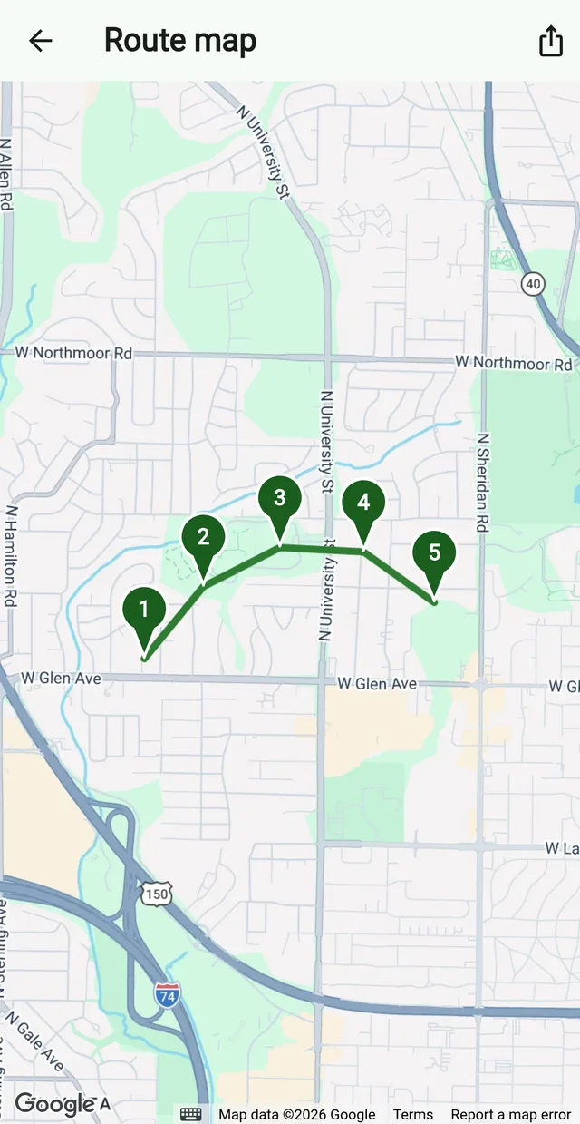Today's route in Grass Go on an iPhone and on an Android phone: five numbered stops in driving order on the map.