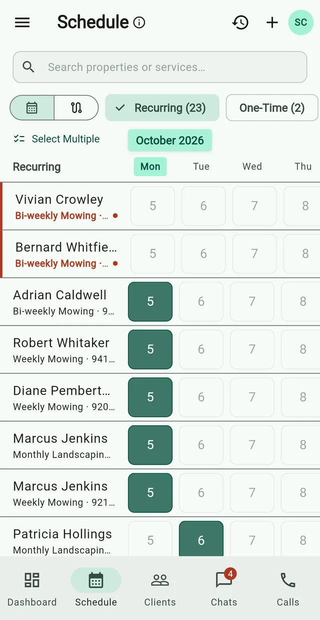 Two rows of the Grass Go schedule, with Monday's visit for one client marked.