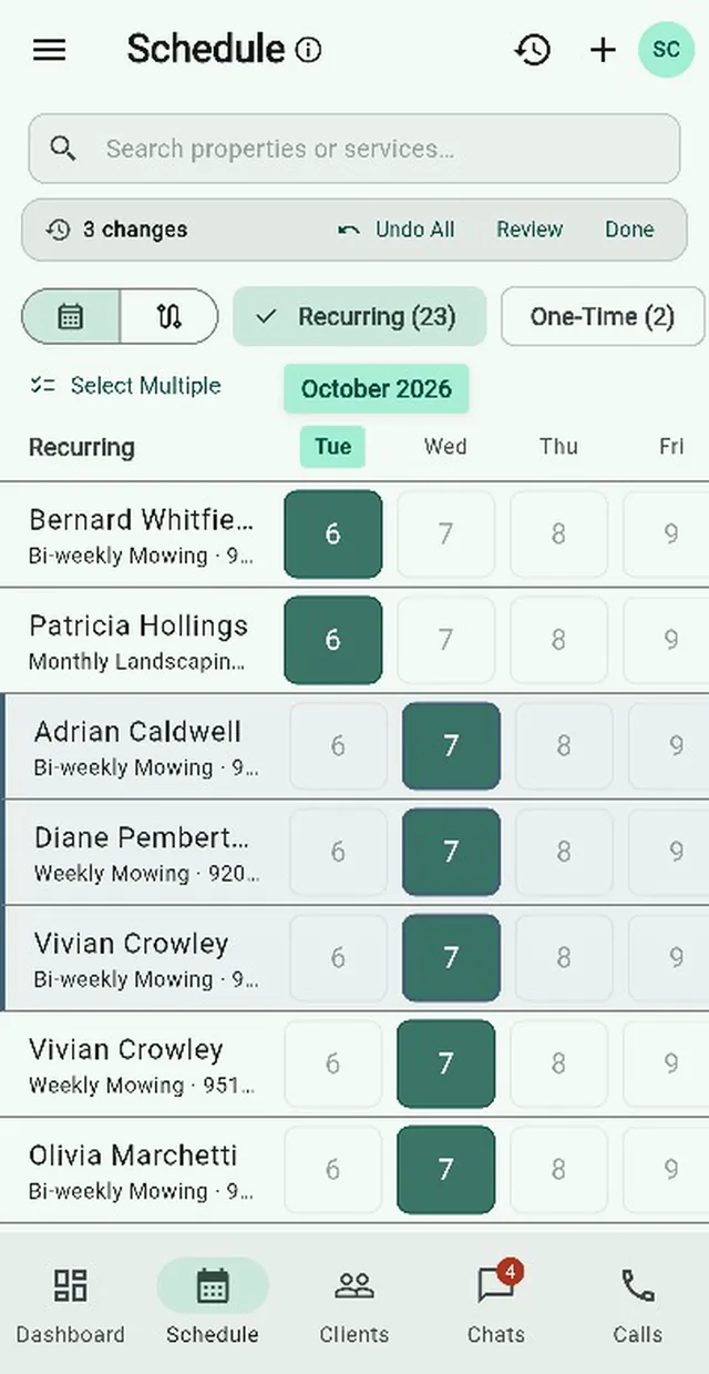 The Grass Go schedule for the week: three of Tuesday's lawns moved to Wednesday after rain.