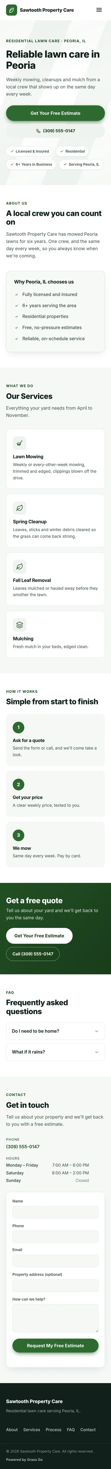 The whole sample site on a phone, top to bottom: headline and badges, about, services, how it works, FAQ, the contact form and the footer.