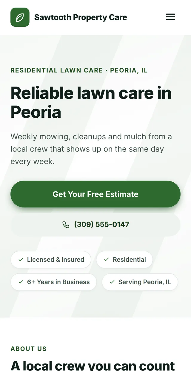 A site from the builder for a made-up lawn business in Peoria: headline, estimate button, phone number and badges.