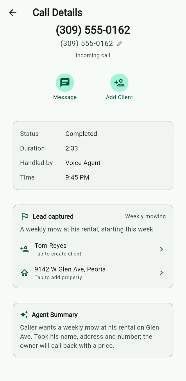 A call the AI receptionist answered while the owner was busy: a new caller, 2 minutes 33 seconds, handled by the voice agent. Lead captured: Tom Reyes, 9142 W Glen Ave, Peoria, weekly mowing. Agent Summary: the owner will call back with a price.