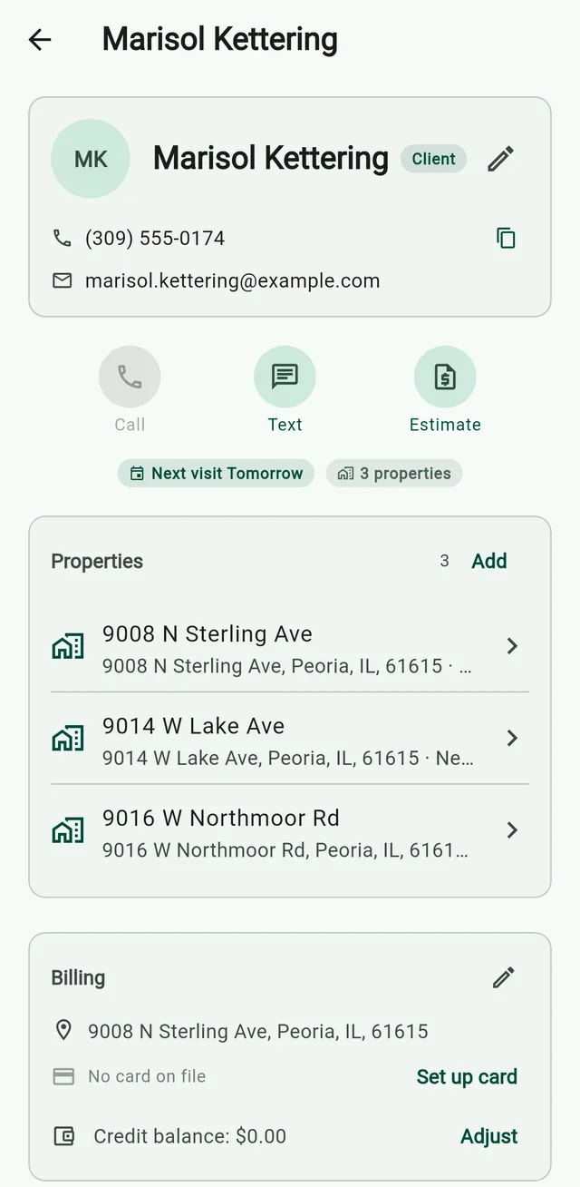 A client in Grass Go, Marisol Kettering, and her three properties: 9008 N Sterling Ave, 9014 W Lake Ave and 9016 W Northmoor Rd.