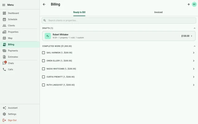 The web app's Billing, Ready to Bill: the same five clients, each with today's mow done.