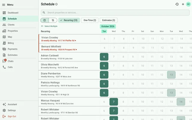 The Grass Go web app in a browser: the week's recurring lawns, client by client, with today's visits marked.