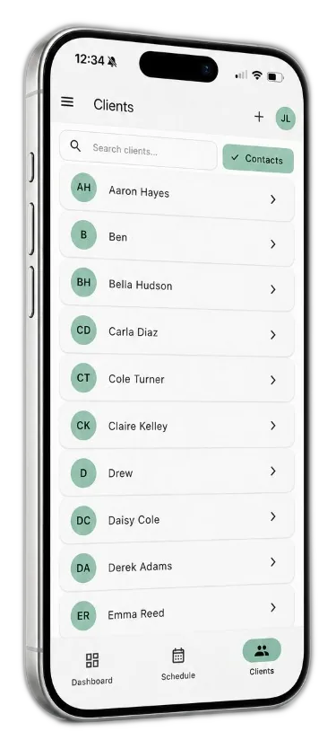Grass Go Clients on iPhone, search, list, and bottom navigation