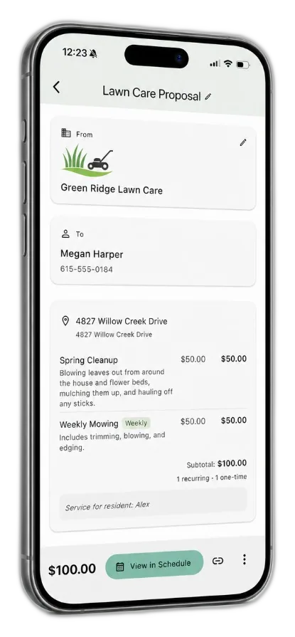 Grass Go estimate proposal on iPhone, customer-facing view with accept button