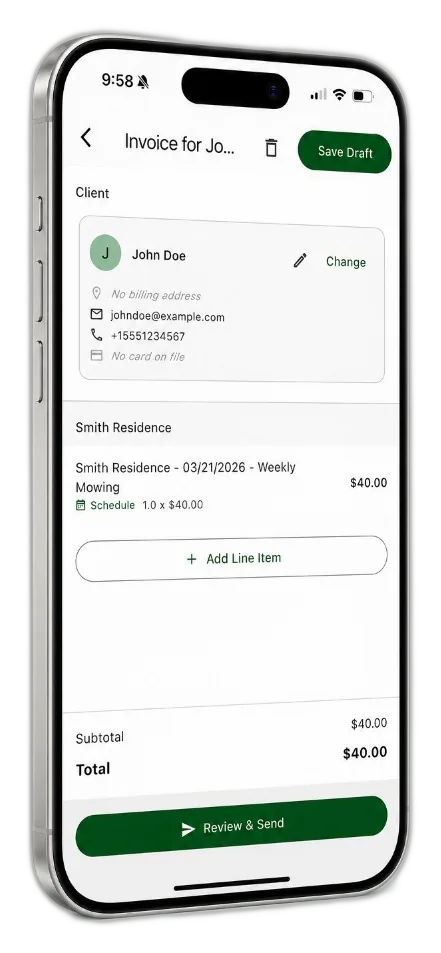 Grass Go invoice draft on iPhone, client, line items, totals, and Review & Send