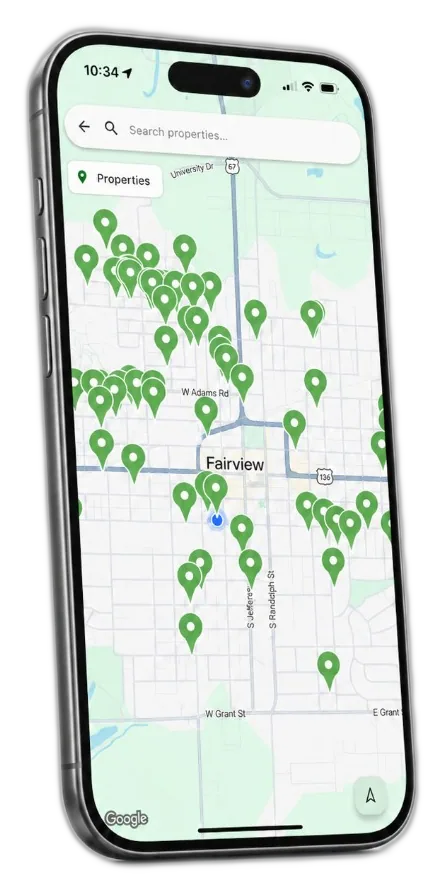 Grass Go map on iPhone, property pins, search, and service area