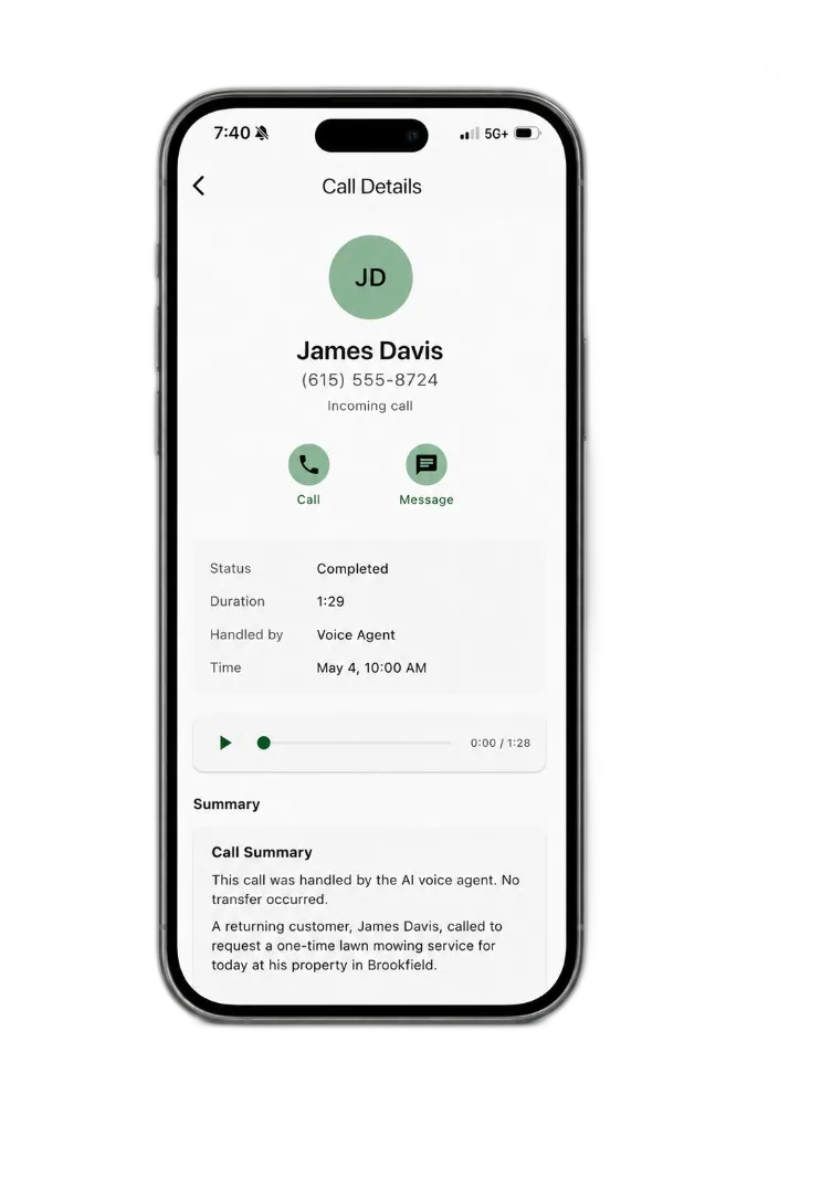 Grass Go AI assistant on iPhone, taking voice input from an operator describing a job