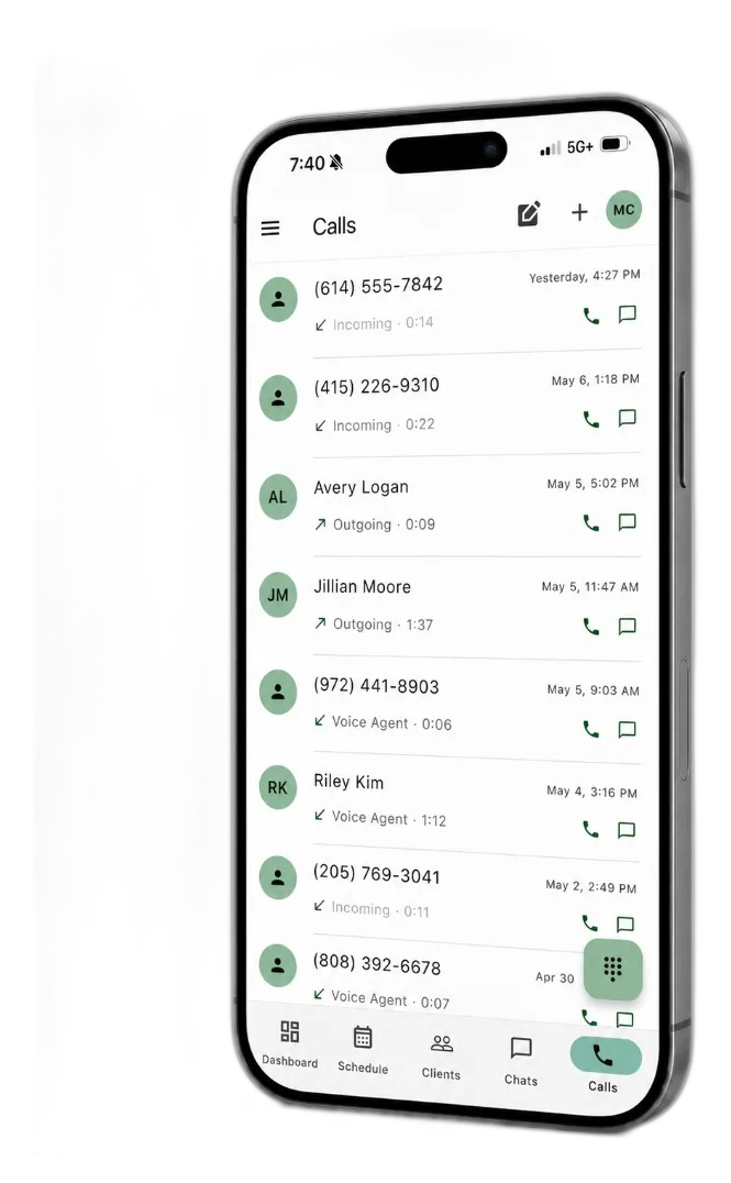 Grass Go Calls screen on iPhone, call history with incoming, outgoing, and Voice Agent calls