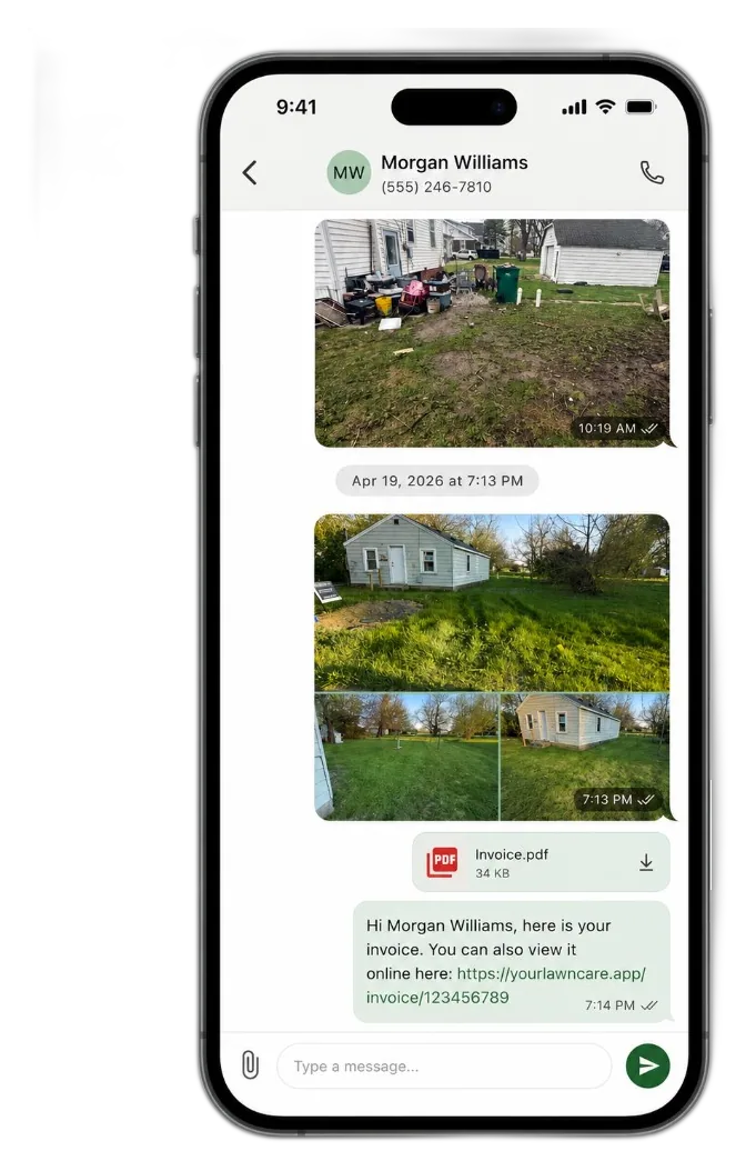 Grass Go SMS thread with a client, MMS photo updates and an Invoice.pdf attachment sent inline
