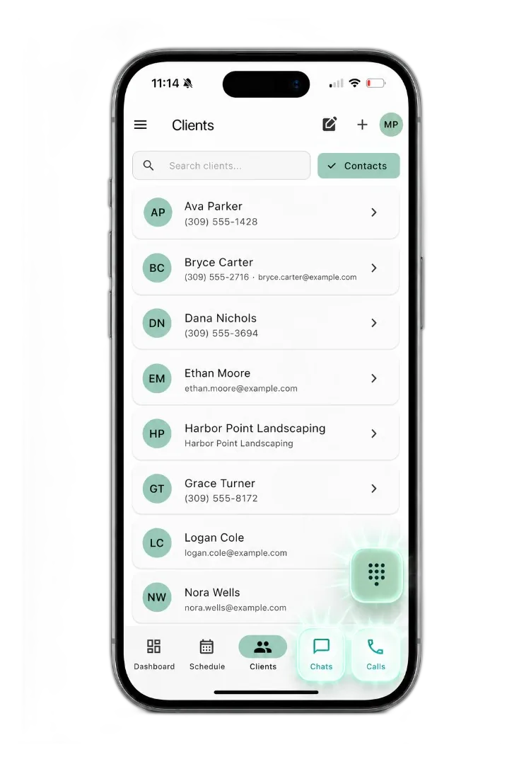 Grass Go app with Chats and Calls tabs in bottom navigation