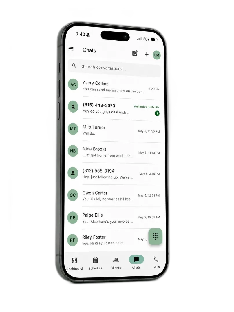 Grass Go Chats screen on iPhone, threaded SMS conversations with clients