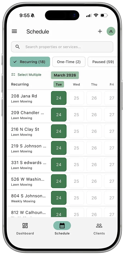 Grass Go schedule engine on iPhone, recurring services, calendar grid, and filters
